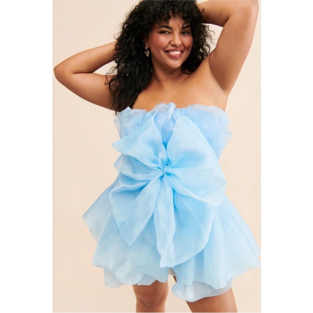 Let Me Be Ruffle Tiered Strapless Light Blue Dress Bow Short Party 1X Coquettish